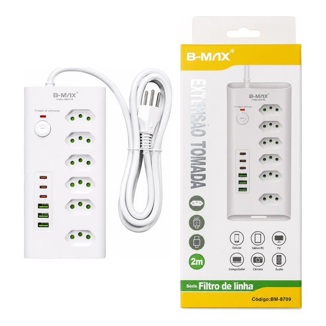 Extensão Filtro de Linha B-Max 6 Tomadas 3 USB e 3 Type-C 2M BM-8709