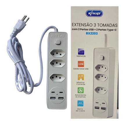 Extensão Elétrica Knup 3 Tomadas 2 USB e 2 Type-C BX2203