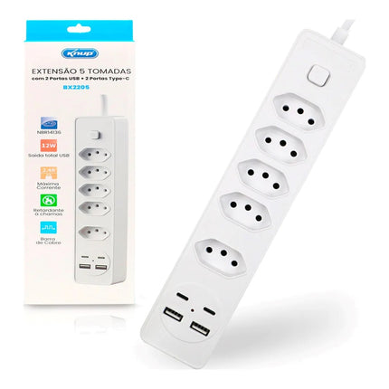 Extensão Elétrica Knup 5 Tomadas 2 USB e 2 Type-C BX2205