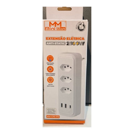 Extensão de Tomada de Parede MiniMen 3 Tomadas 2 USB e Type-C PD 2500W MM-CP3-PD