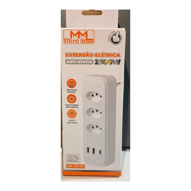 Extensão de Tomada de Parede MiniMen 3 Tomadas 2 USB e Type-C PD 2500W MM-CP3-PD