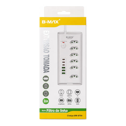 Extensão Filtro de Linha B-Max 6 Tomadas 3 USB e 3 Type-C 2M BM-8709