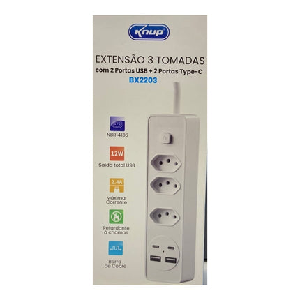 Extensão Elétrica Knup 3 Tomadas 2 USB e 2 Type-C BX2203