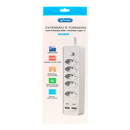 Extensão Elétrica Knup 5 Tomadas 2 USB e 2 Type-C BX2205