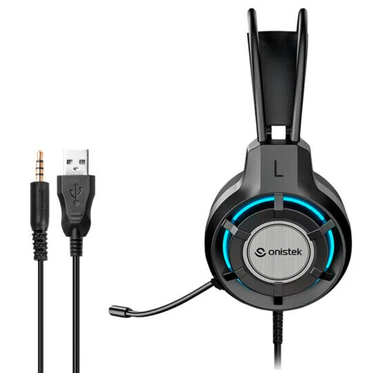 Headset Gamer Onistek FN637 com LED RGB - Vista frontal com cabo