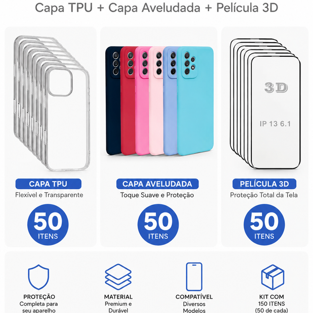 Kit 150 Itens Capas TPU Aveludadas e Películas 3D para Revenda