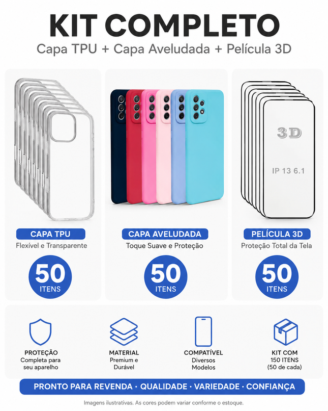 Kit 150 Itens Capas TPU Aveludadas e Películas 3D para Revenda