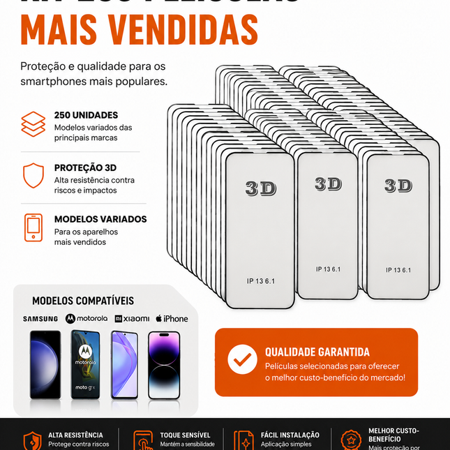 Kit 250 Películas 3D Atacado para Celular – Modelos Mais Vendidos
