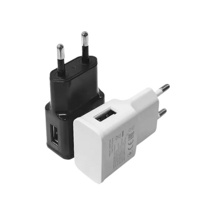 Fonte Carregador USB H'Maston FO01 - fonte branca e preta com saída USB e plugue de 2 pinos