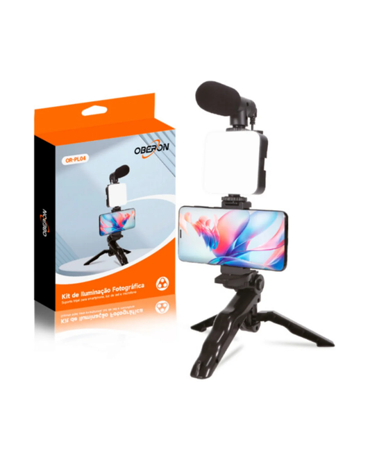 Kit Gravação com Suporte Tripé + Luz de Led e Microfone OR-PL04