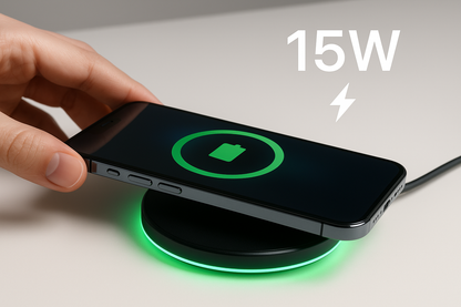 O celular tem que estar virado para cima. Para o 15W, coloque um ícone de raio para indicar o que é. Use a mesma fonte que a Apple usa. 